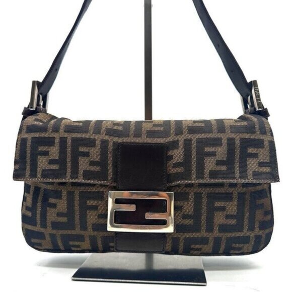 Authentic FENDI Zucca Mamma Baguette Canvas Leather Shoulder Bag Brown Tan - Picture 6 of 15